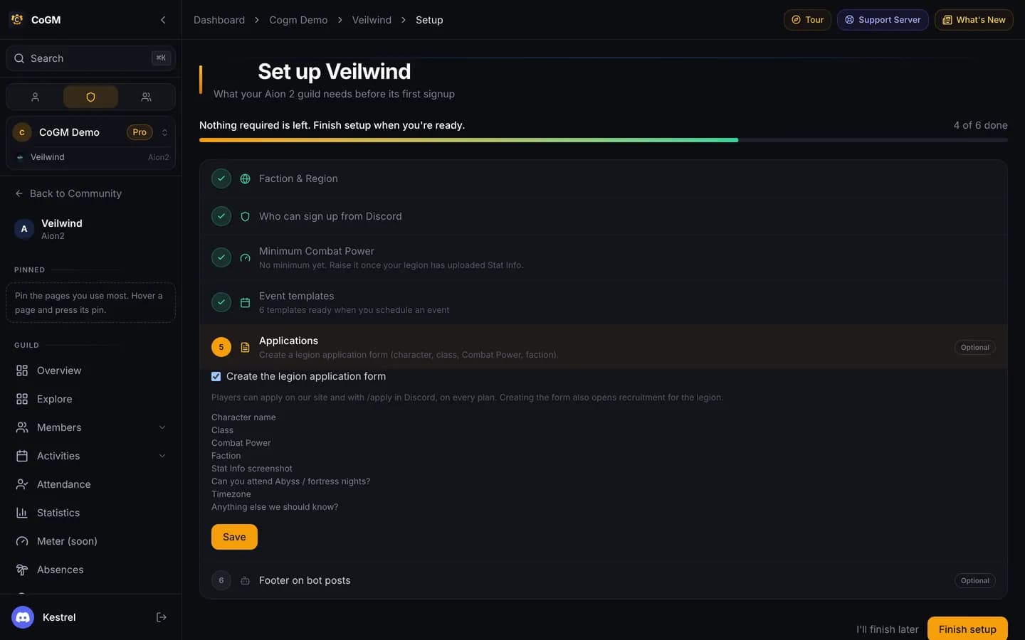 The Aion 2 setup page for the Veilwind legion: four required rows done, the Applications row open with the legion application form's questions, and Finish setup at the bottom.