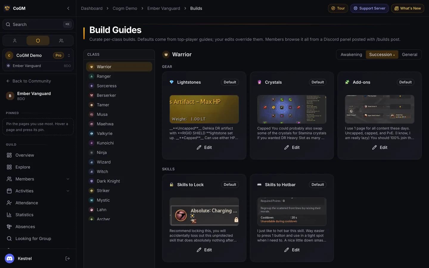The Build Guides editor for Warrior Succession: the class list on the left, Awakening, Succession and General tabs, and cards for lightstones, crystals, add-ons, skills to lock and skills to hotbar, each marked Default with an Edit button.