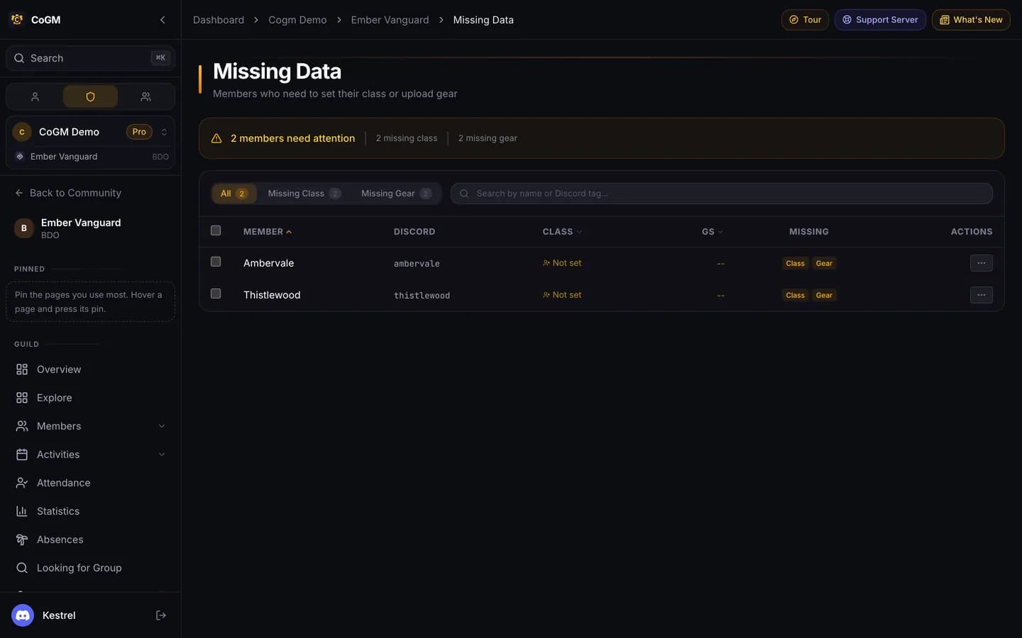 The Missing Data page: two members need attention, tabs for All, Missing Class and Missing Gear, a search box, and a table with each member's Discord name, class, gear score, what is missing and an actions menu.