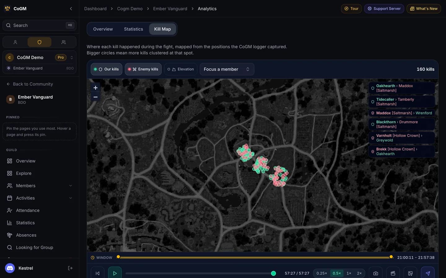 The node war kill map with markers where kills happened.