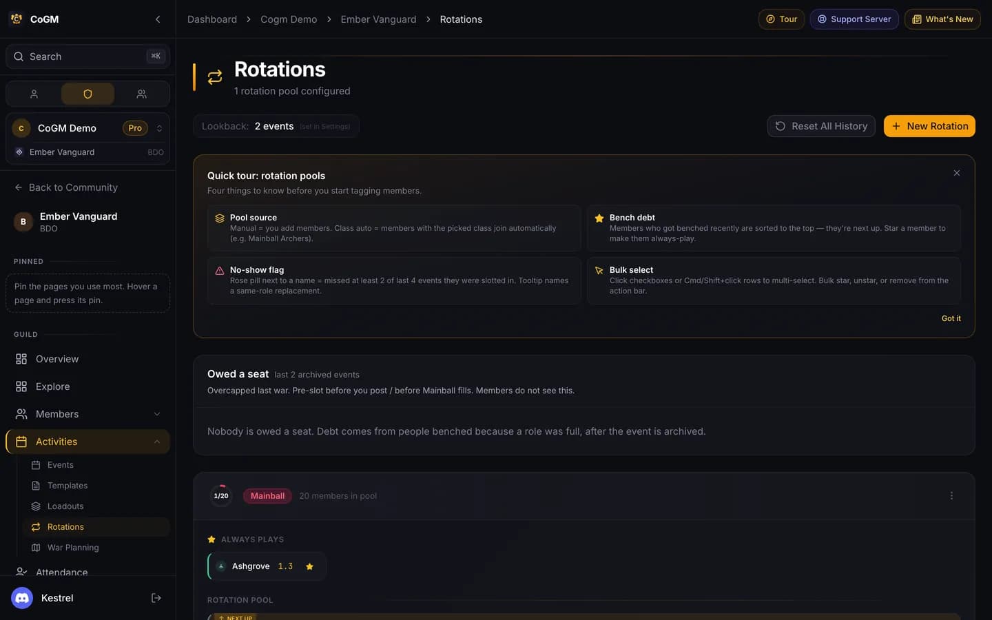 The Rotations page: the lookback setting, Reset All History and New Rotation buttons, a quick tour of rotation pools, the Owed a seat list, and a Mainball pool with its always-play member and rotation pool.