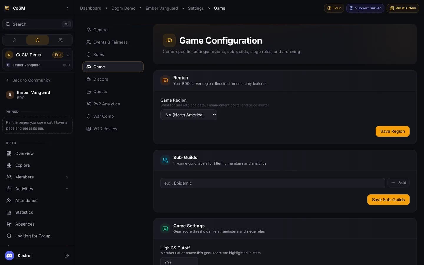 The Black Desert Online game settings with the gear score cutoff, the chart range and six named gear tiers with their starting scores.