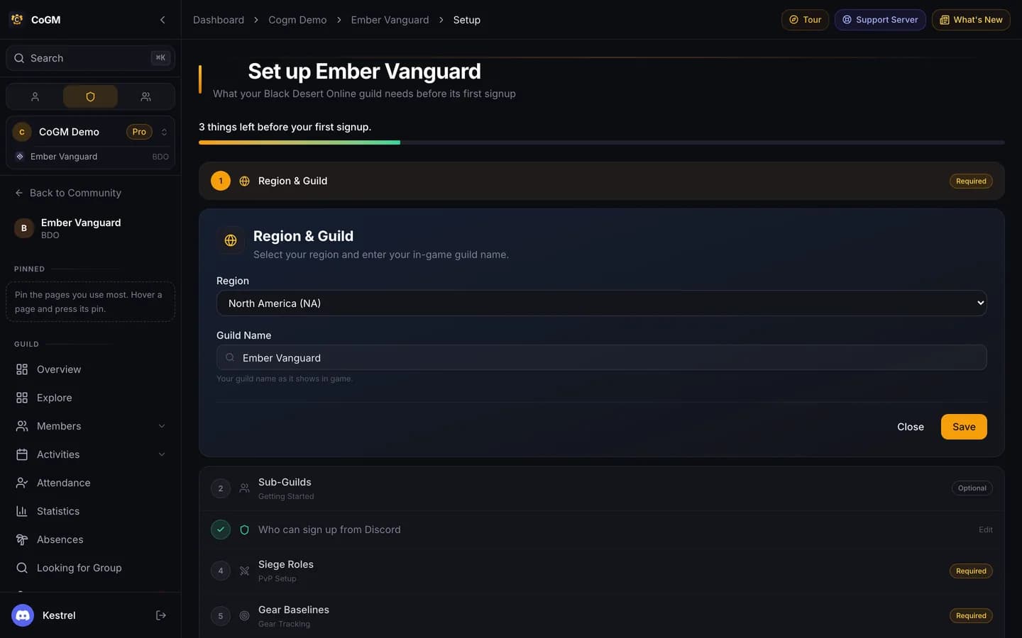 The setup page for a Black Desert Online guild: a progress bar, the Region and Guild row open with a region picker and the guild name, and the next rows marked Required or Optional.