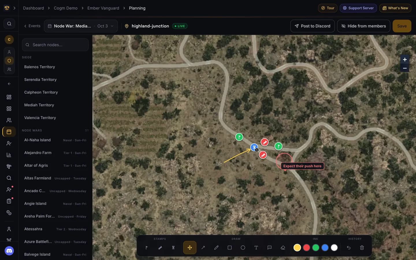 The War Planning map editor: the node list on the left, a node war event picked at the top with Post to Discord, Hide from members and Save, and the map with flag, cannon and fort stamps, an arrow and a callout reading Expect their push here.