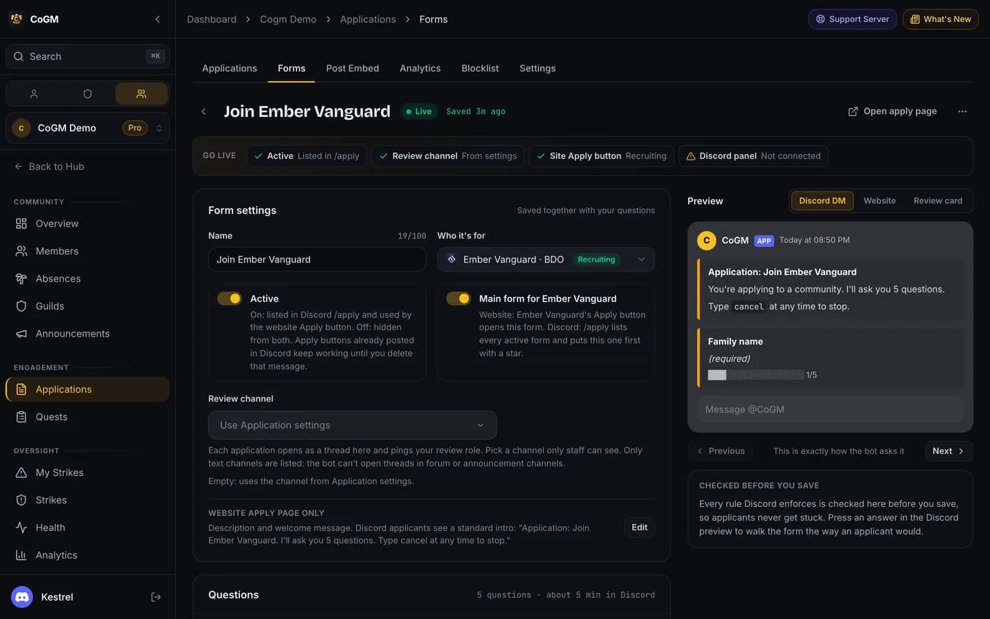 The form builder for Join Ember Vanguard: the Go live checks across the top, Form settings with Who it's for, Active and the review channel, and the Discord DM preview on the right.