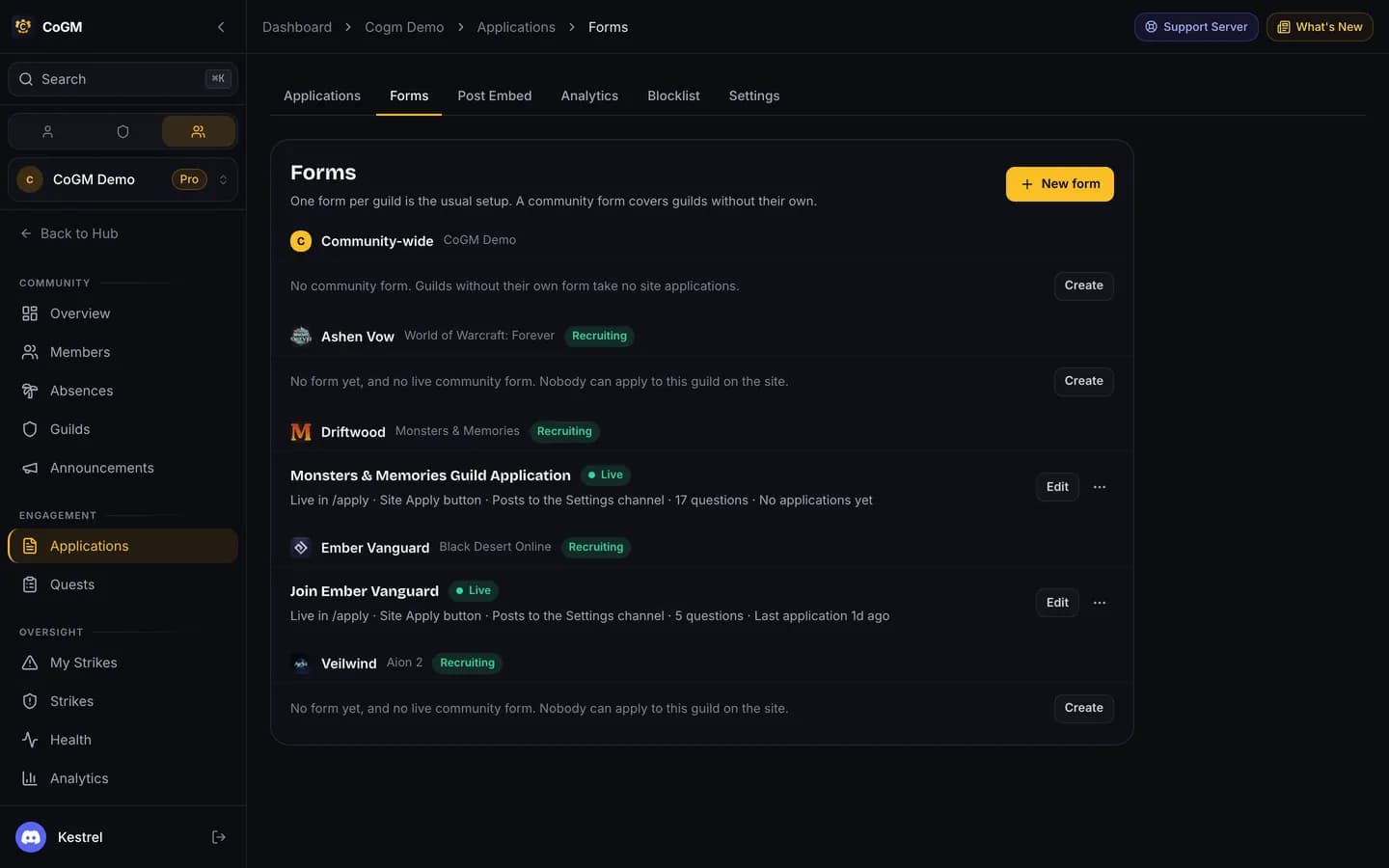 The forms list grouped by guild: a Community-wide group with no form, Driftwood with its live Monsters & Memories starter form, Ember Vanguard with its live form, and two guilds with a Create button.