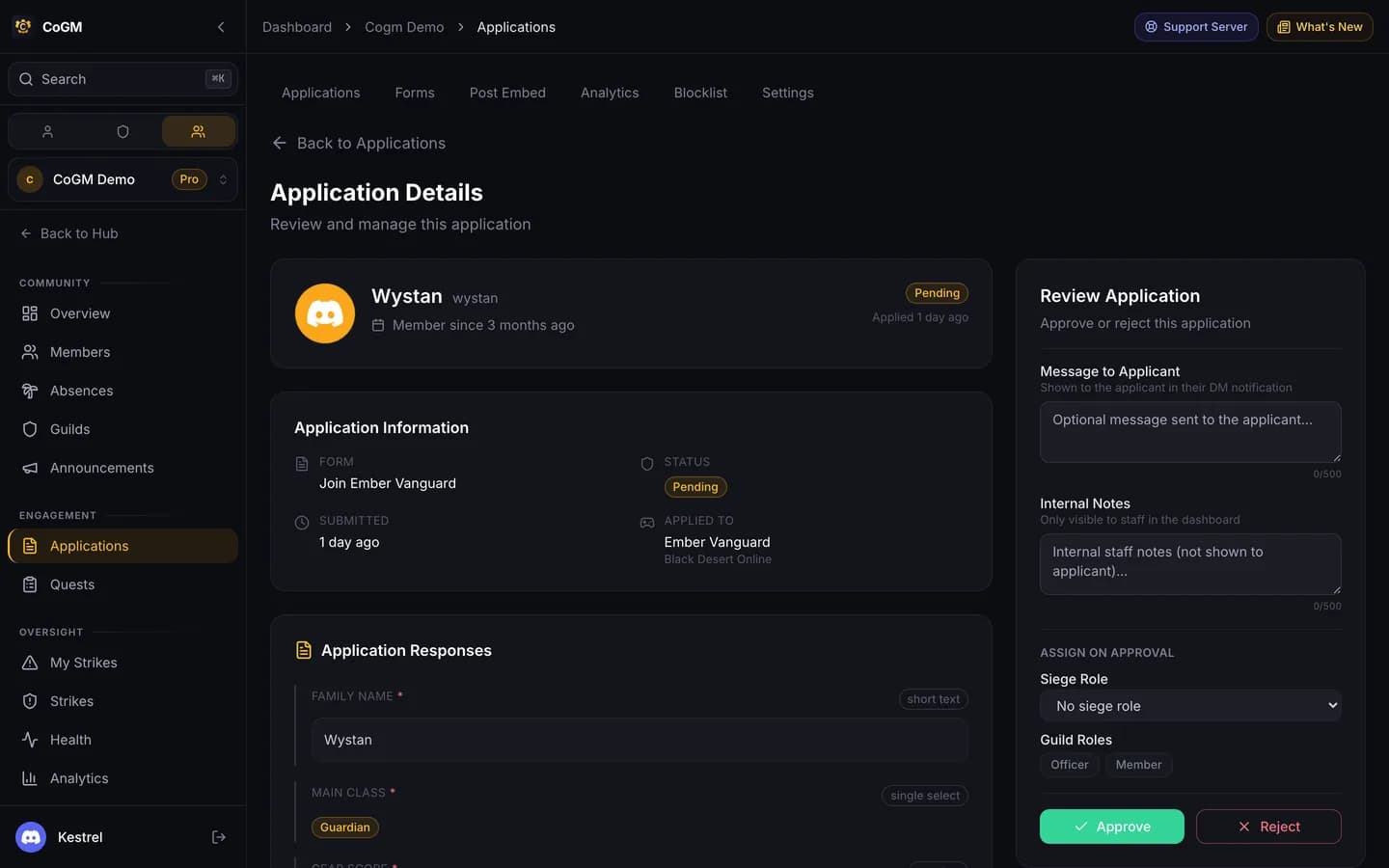 An application waiting for review on the dashboard, with the applicant's answers