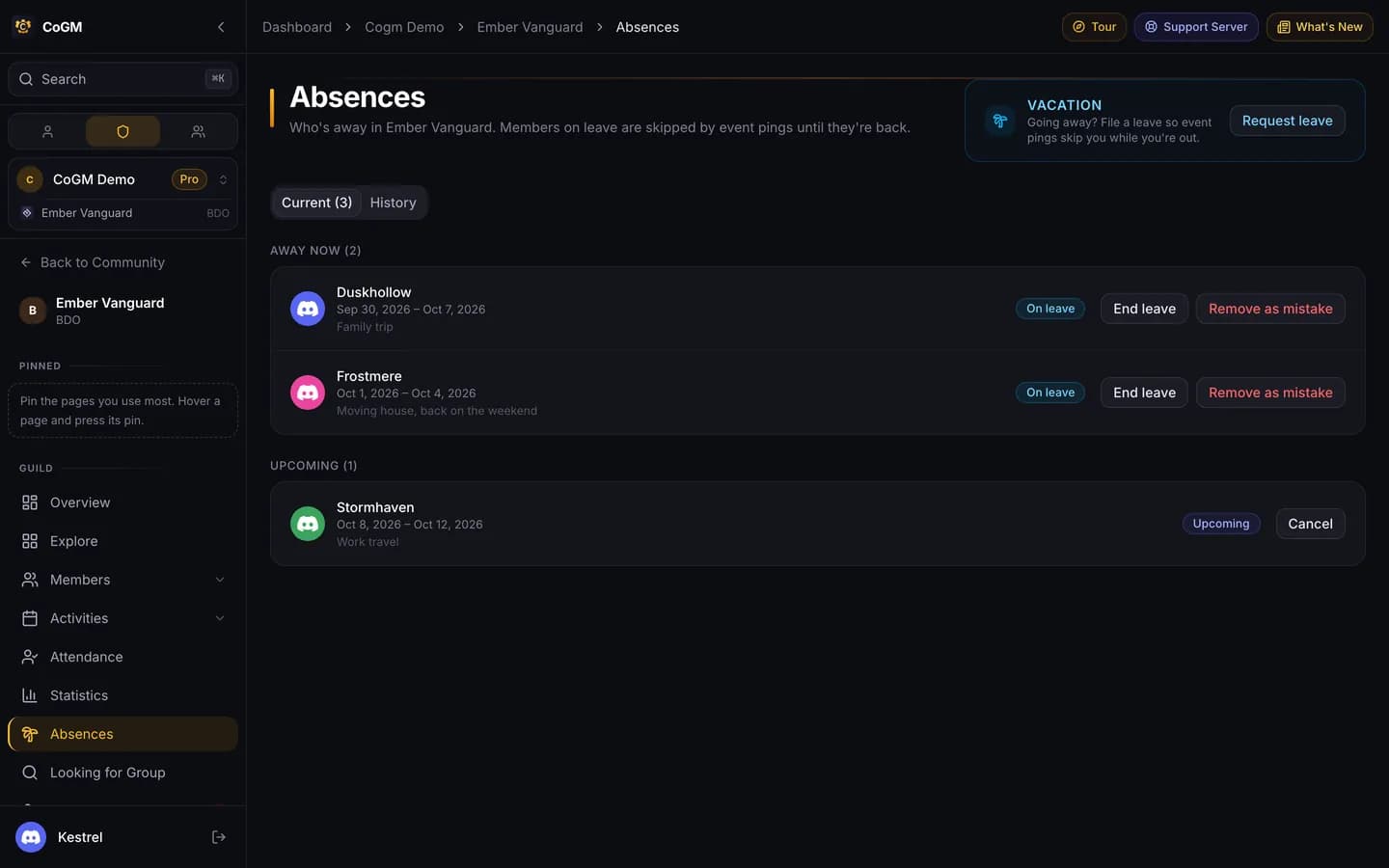 The absences page listing members who are away and when they return