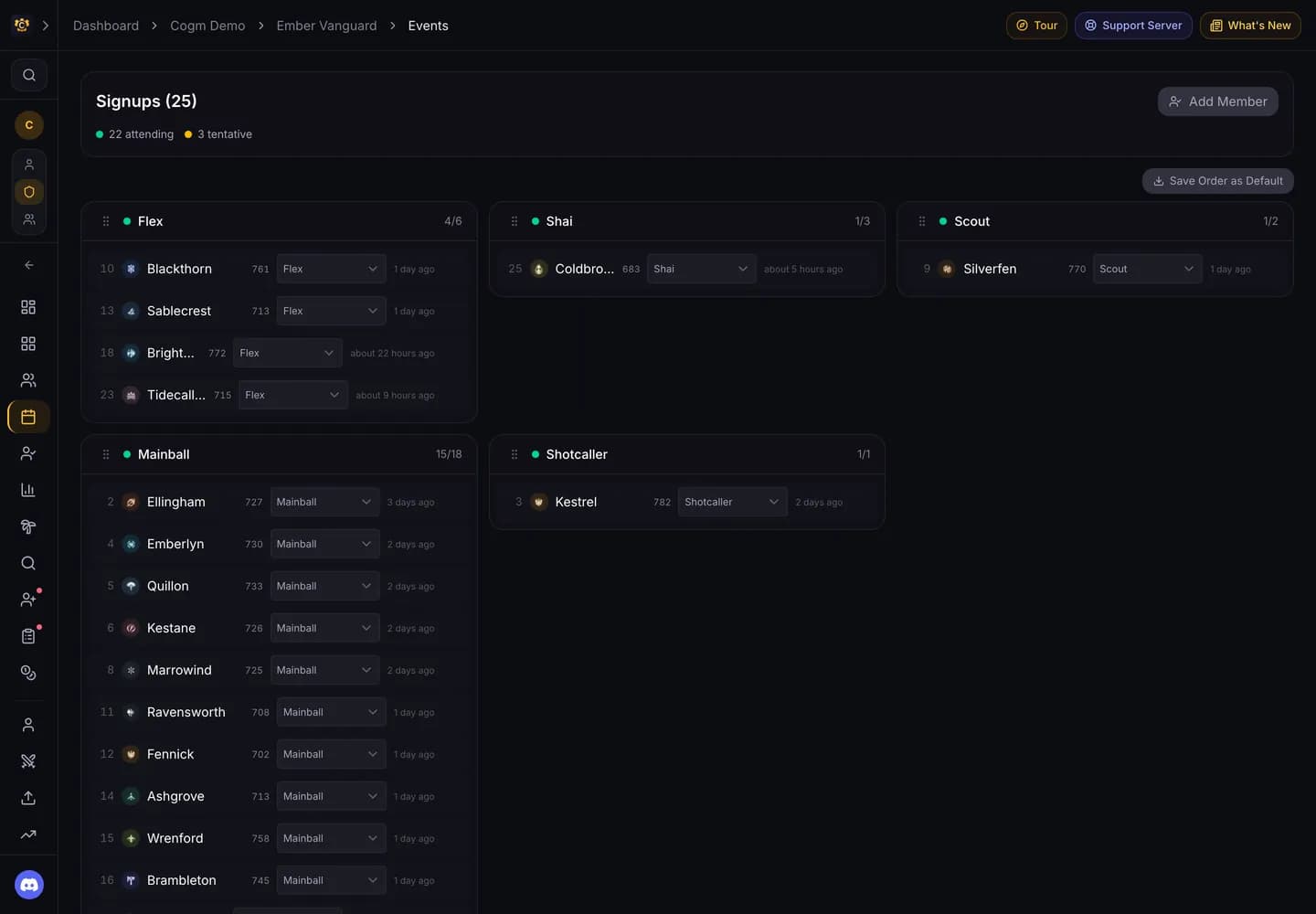 An upcoming node war page with its signups grouped by role