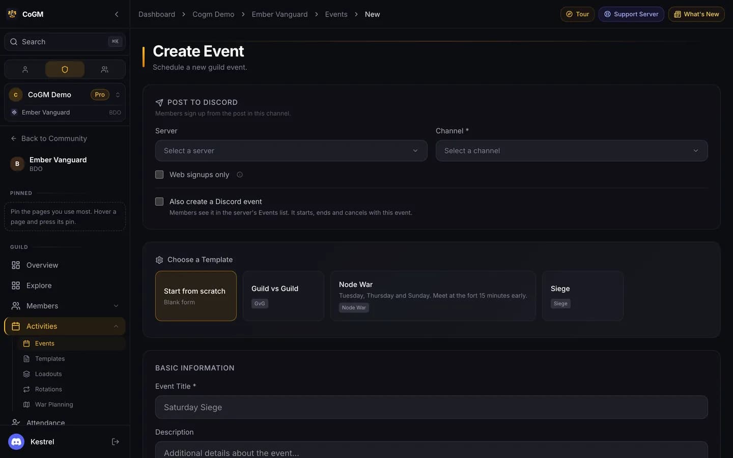 The new event form with title, time, channel and the feature switches