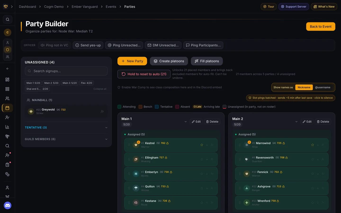 The party builder for a node war, with platoons of 20 and the unassigned signups beside them.