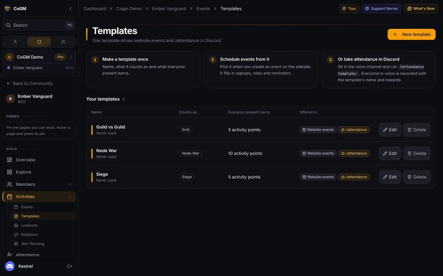 The guild's saved event templates