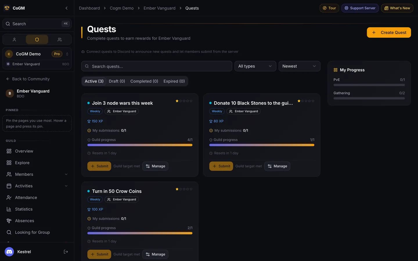 The guild's active quests and their submissions