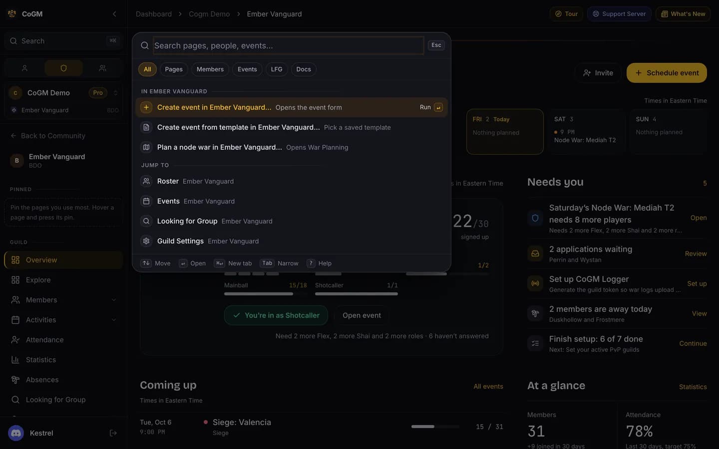 The search palette open over the dashboard