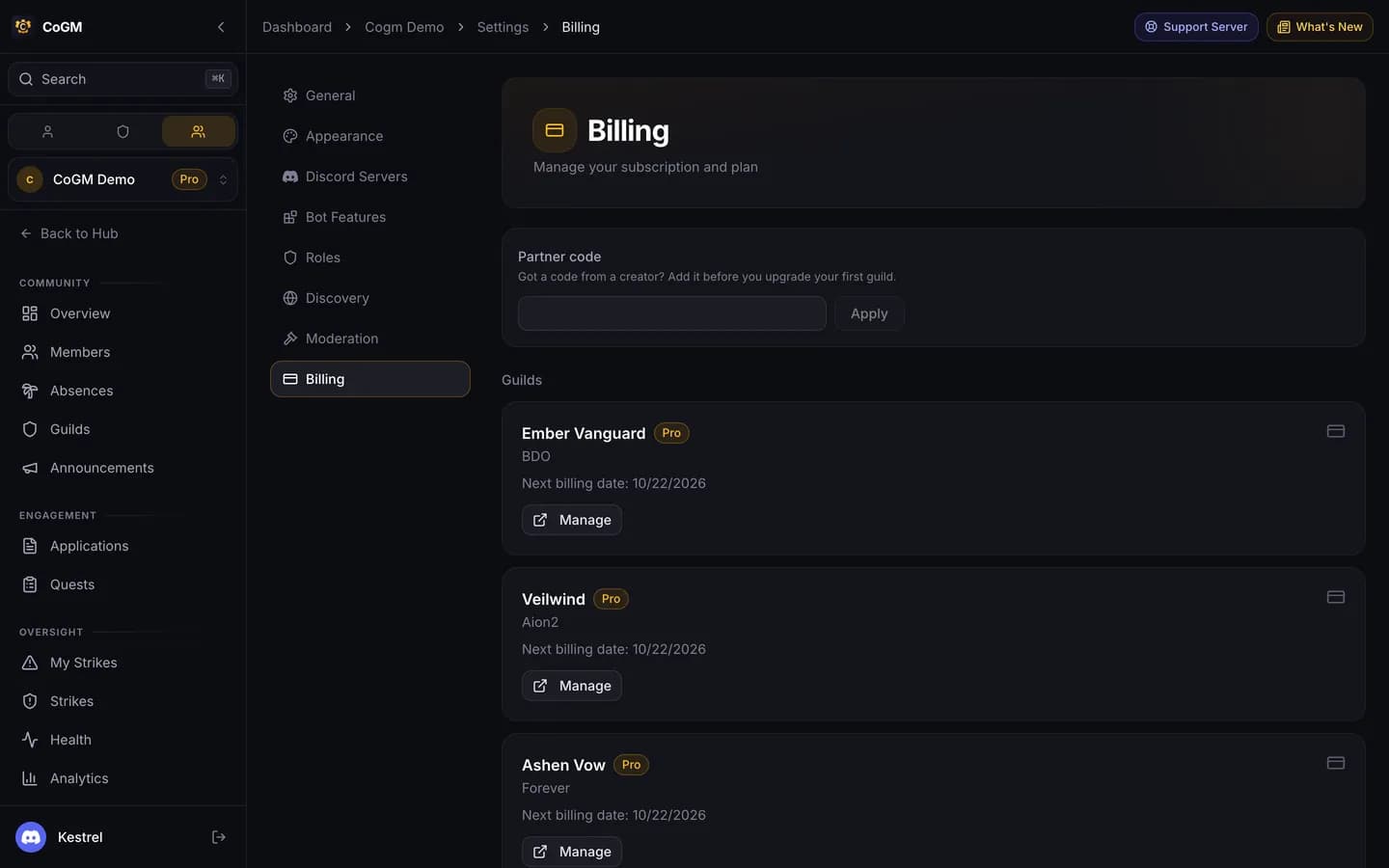 The community's Billing page listing each guild with its game, its Pro badge, the next billing date and a Manage button.