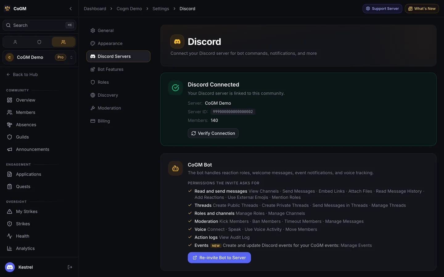 The community's Discord settings: Discord Connected with the server name, ID and member count, a Verify Connection button, and the list of permissions the bot invite asks for.