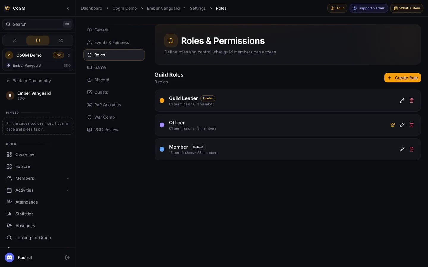 A guild's roles and their permissions