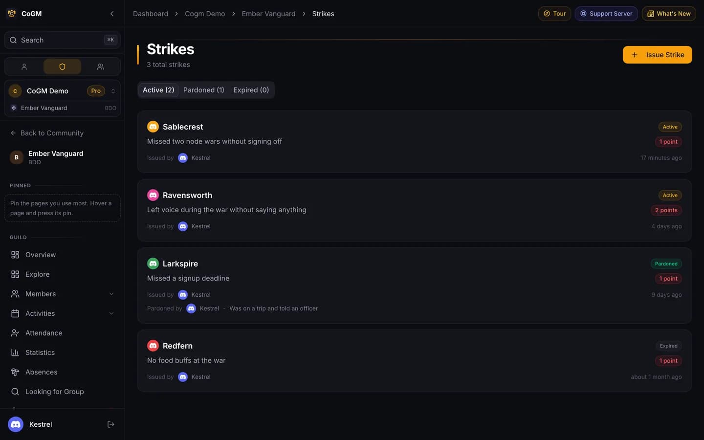 The strikes page with issued strikes and their reasons