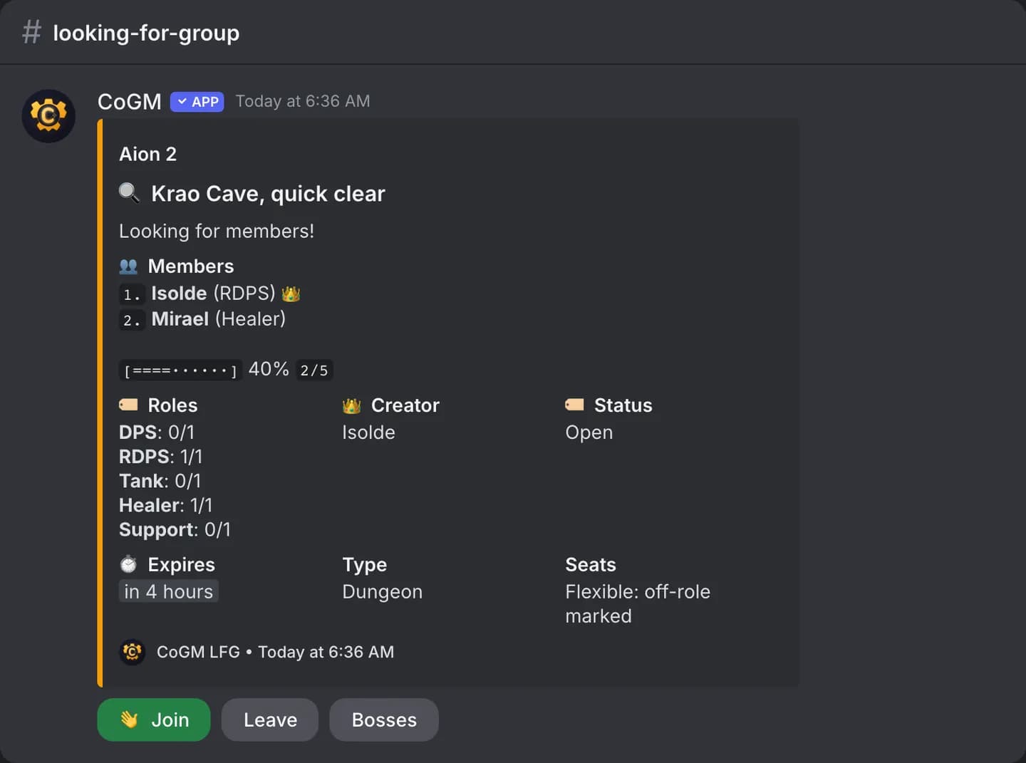 An Aion 2 group post in Discord with its seats by role and the members who joined.