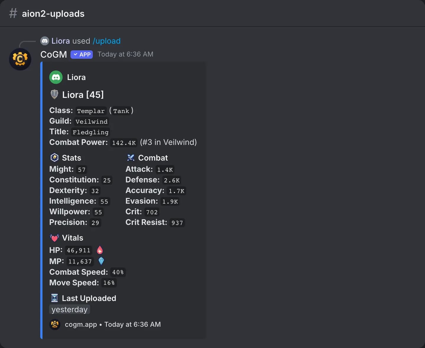 The card the bot posts after an Aion 2 /upload, with the character's class, Combat Power, rank in the legion and stats.