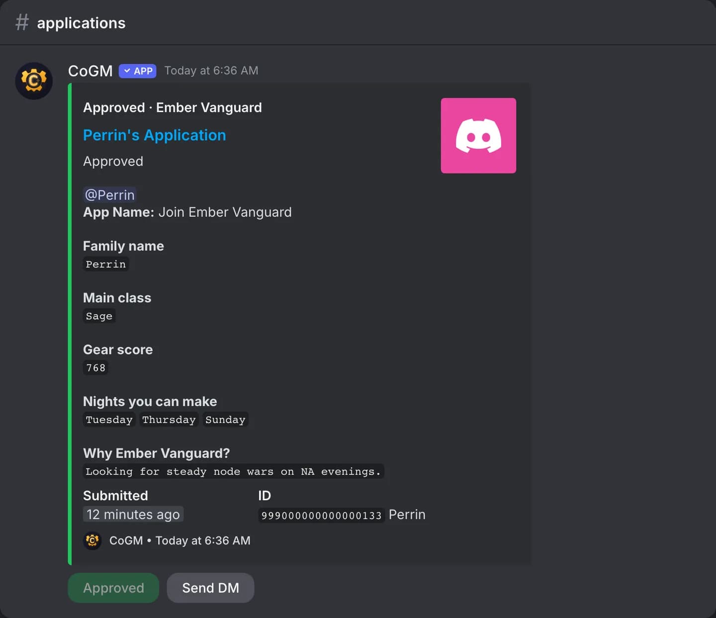 The same application post after an officer approved it, showing who decided and when.
