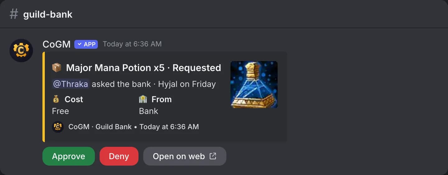 A member's bank request posted in Discord for officers, with Approve and Deny buttons