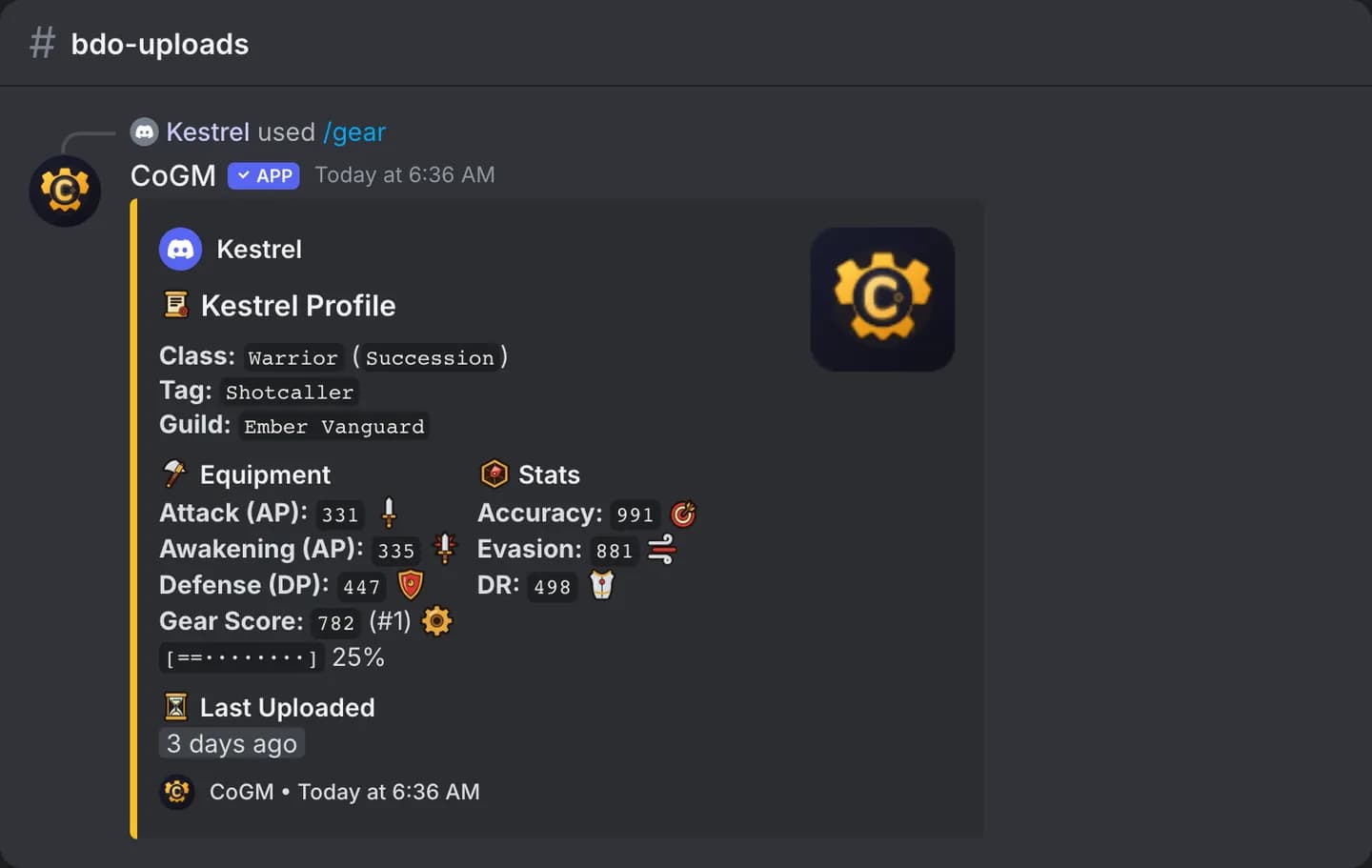 The /gear card for a Black Desert Online member: family name, class and spec, guild, AP, Awakening AP, DP, gear score with the guild rank, accuracy, evasion and DR.