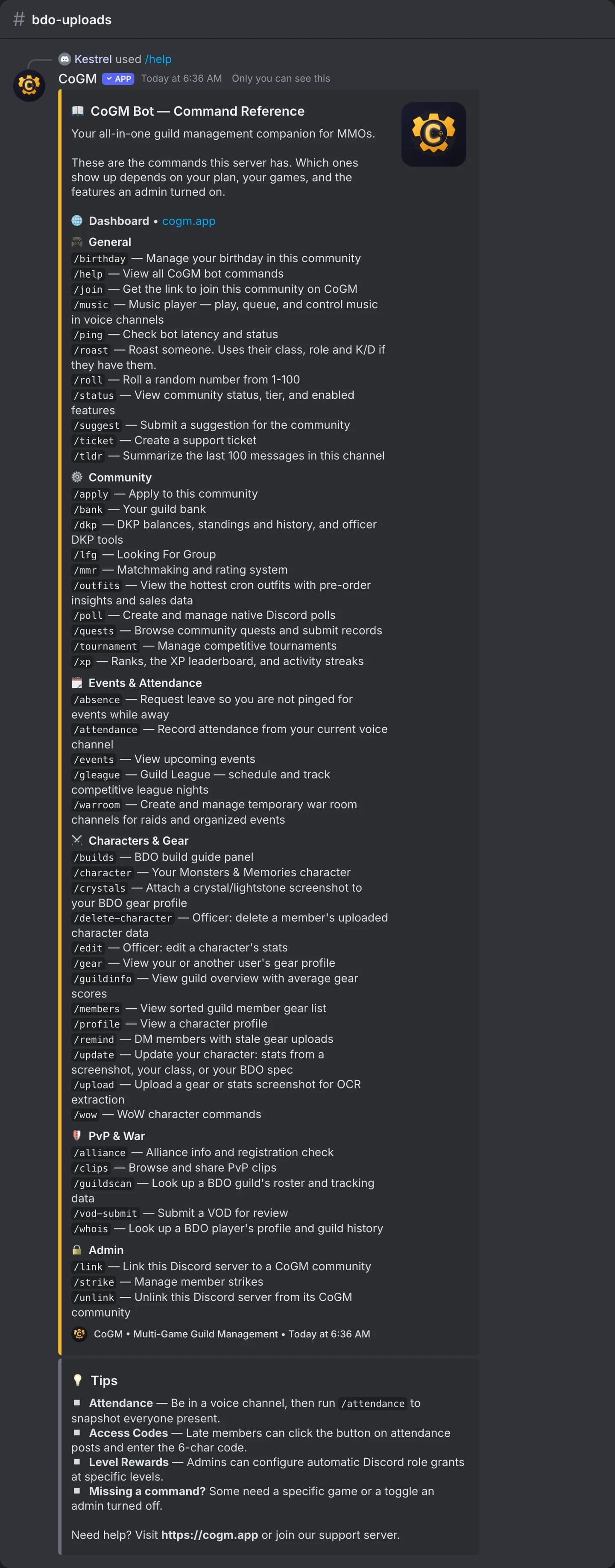 The /help command reference in a Black Desert Online guild's channel, with the commands grouped by job and a tips section.
