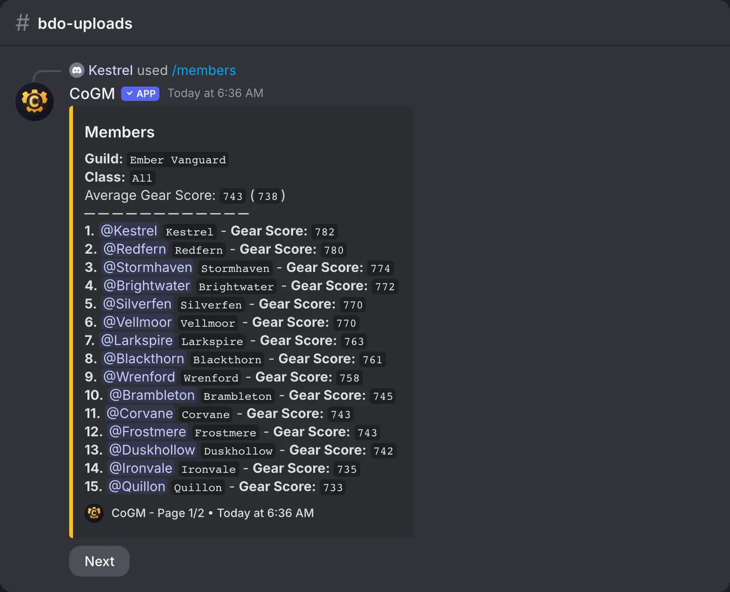 The /members list for the Ember Vanguard guild: the average gear score at the top, then 15 members ranked by gear score, with a Next button for page 2.
