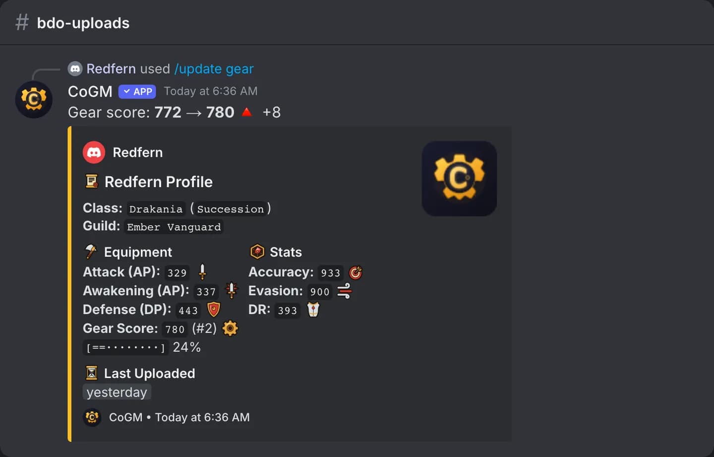 The bot's reply to /update gear in Black Desert: the gear score change, then the refreshed gear card.