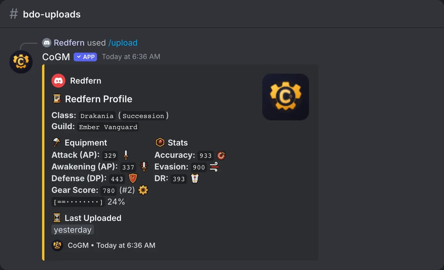 The gear card the bot posts after a Black Desert Online /upload: class and spec, guild, AP, Awakening AP, DP, gear score with rank, accuracy, evasion and damage reduction.