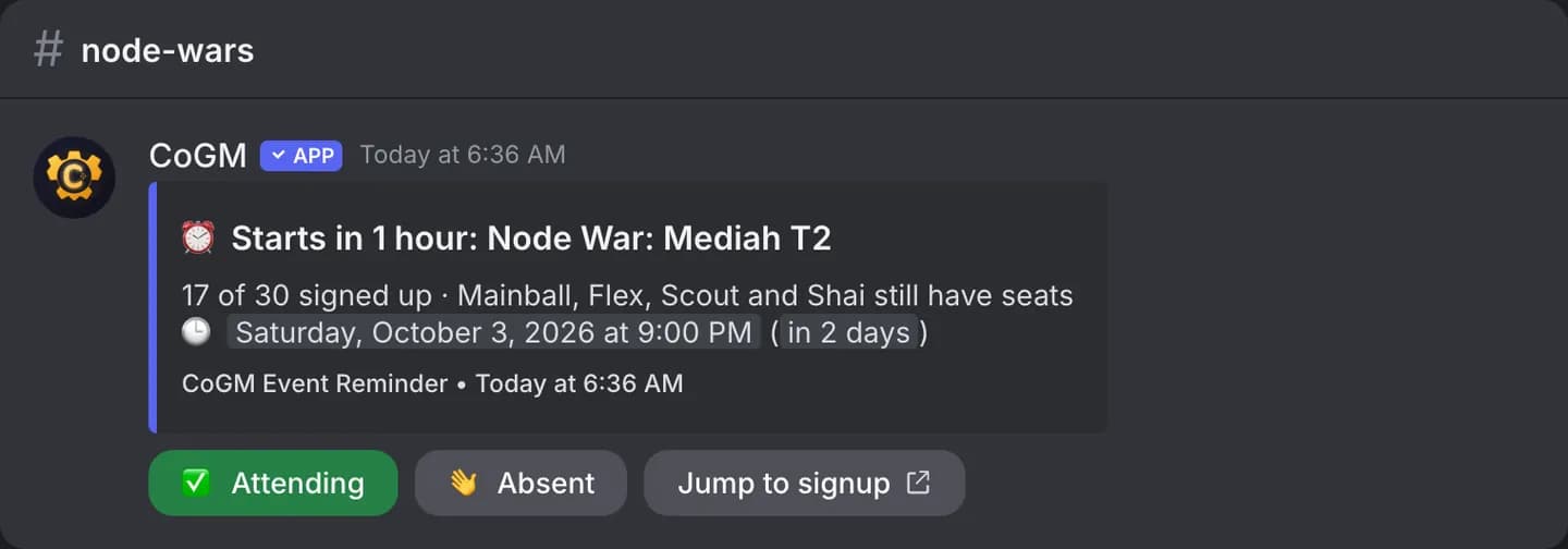 The reminder the bot posts before an event, with the seats still open.