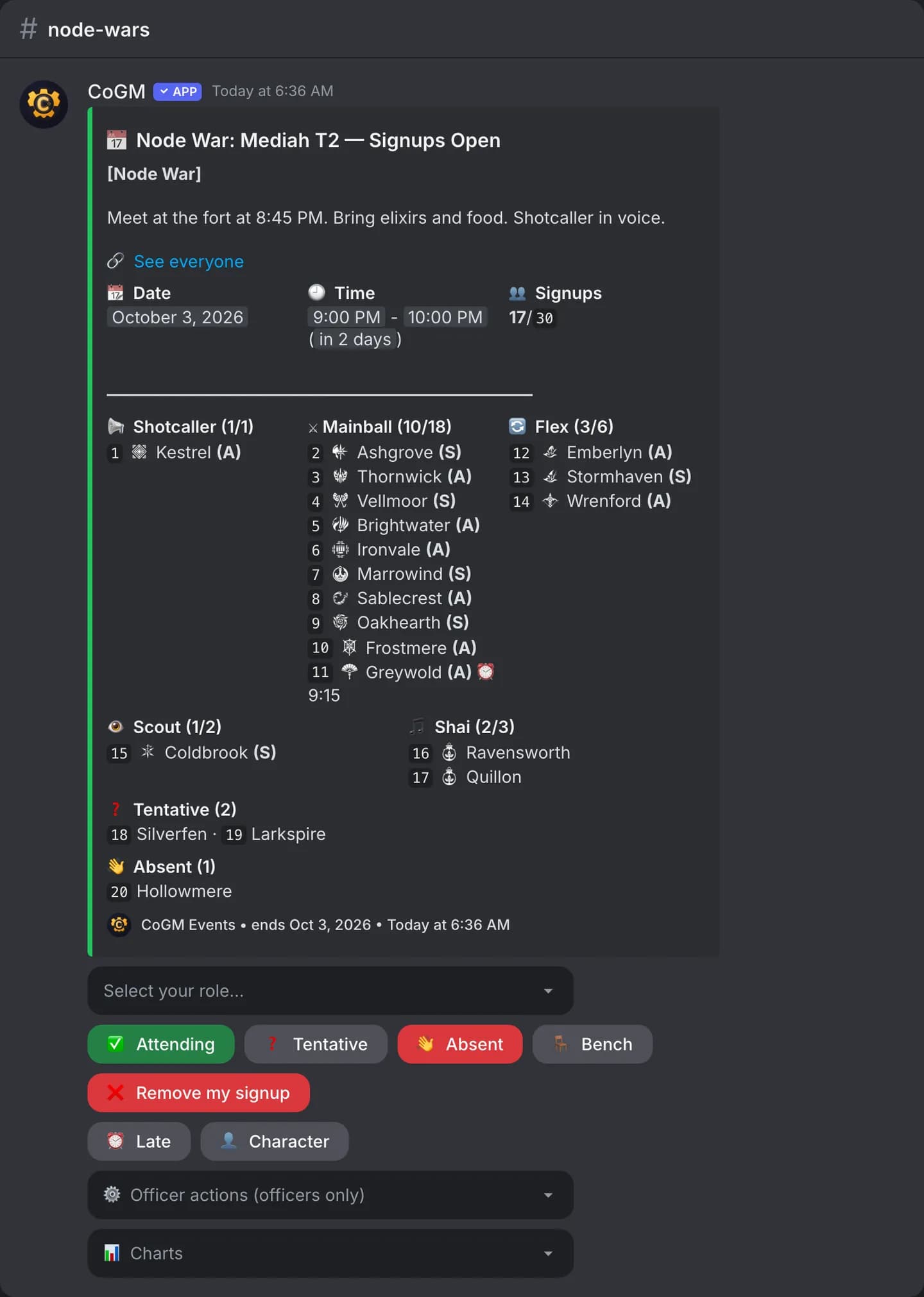 A node war signup post: date, time, 17 of 30 signups, members grouped by role with one marked late, then a role menu and the Attending, Tentative, Absent, Bench, Remove my signup, Late and Character buttons.