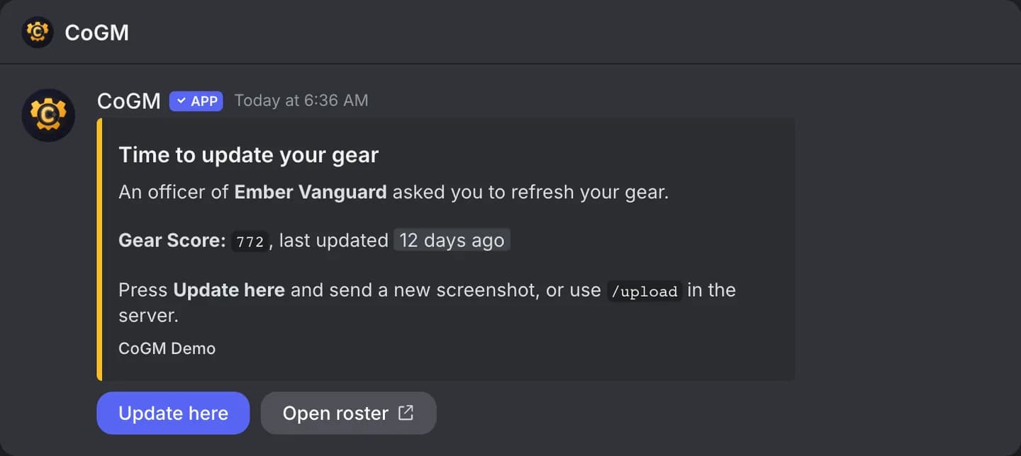 The gear reminder a Black Desert member gets: who asked, their current gear score and when it was last updated, and the Update here and Open roster buttons.