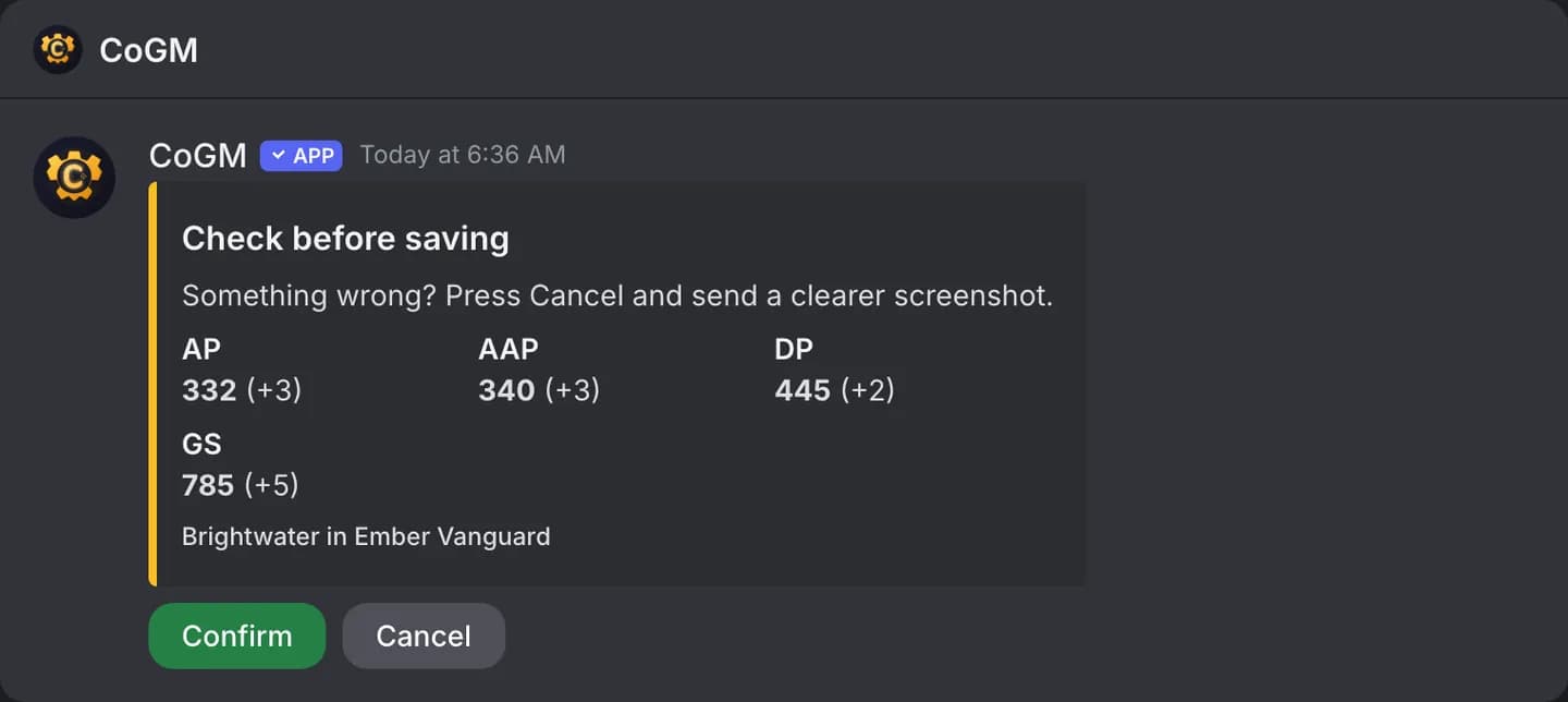 The preview the bot shows in a direct message before it saves a new gear screenshot, with Confirm and Cancel.