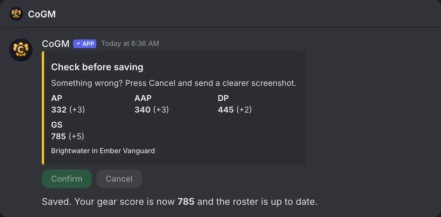 The confirmed preview and the bot's reply that the new gear score is saved.