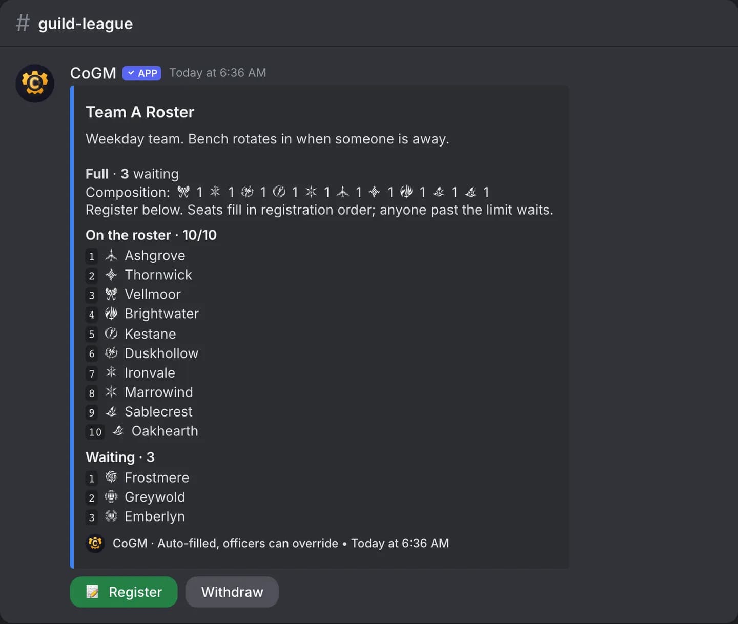 A team roster post: the team's note, its class composition, ten members on the roster, three waiting, and Register and Withdraw buttons.