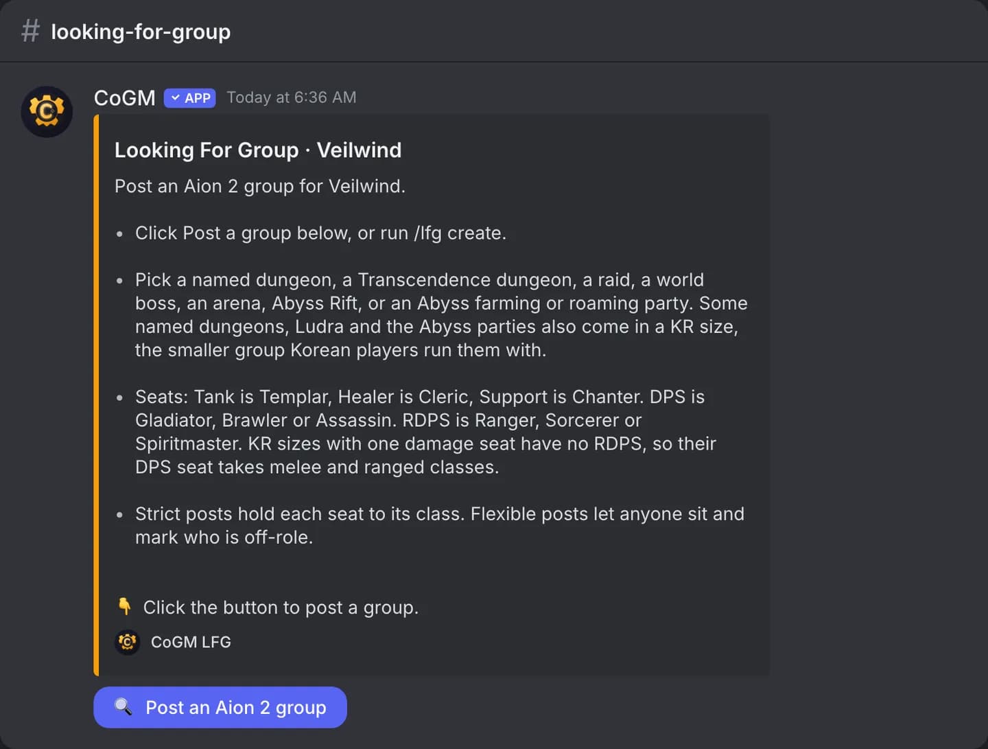 The Looking For Group panel for the Veilwind legion: how posting works, the Aion 2 seats, and a Post an Aion 2 group button.