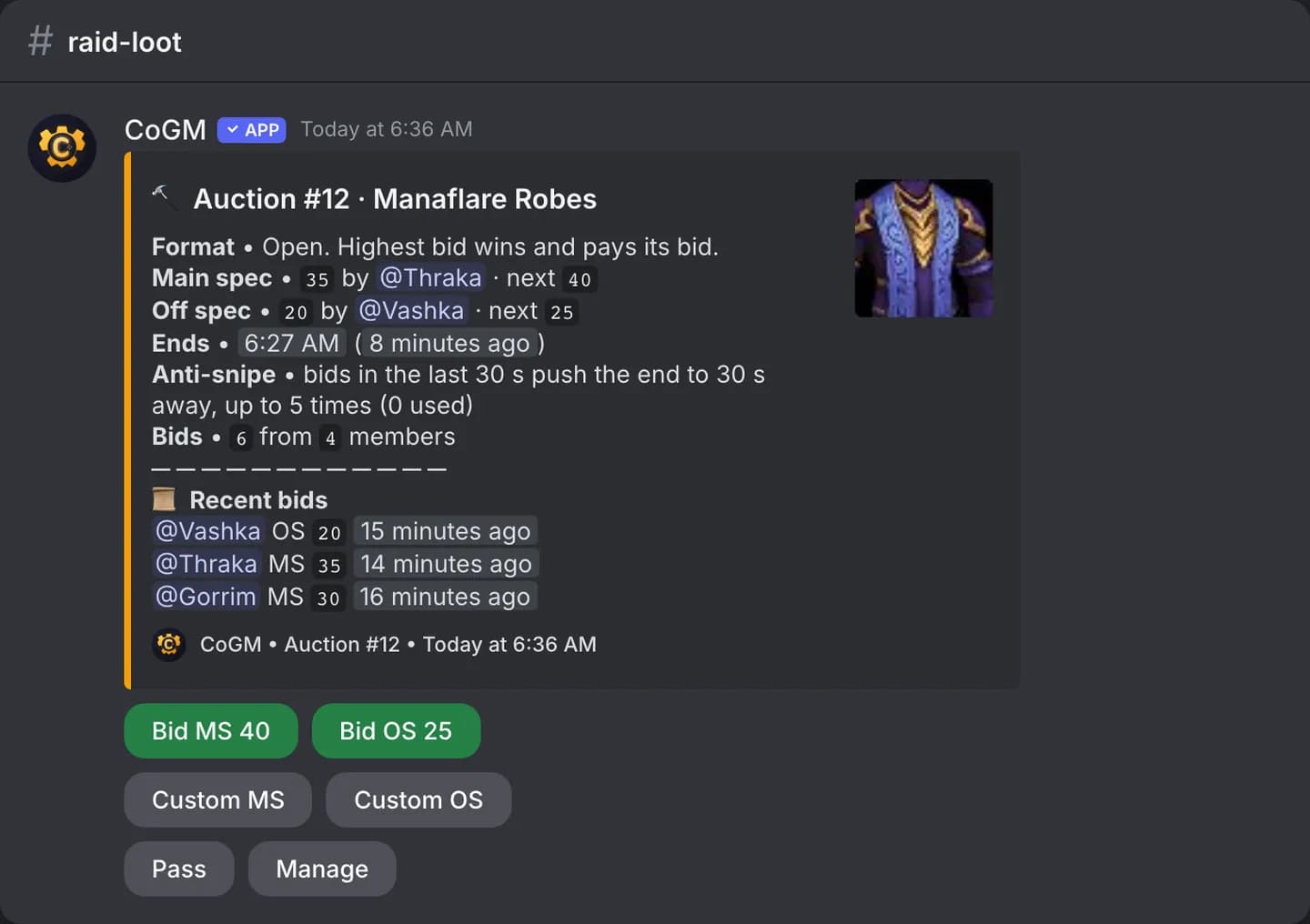 A live loot auction in the raid channel with the leading bid per tier and bid buttons