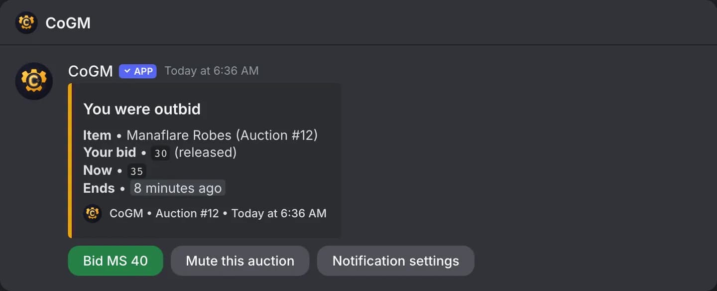 The direct message a bidder gets when someone outbids them, with a one-press bid button