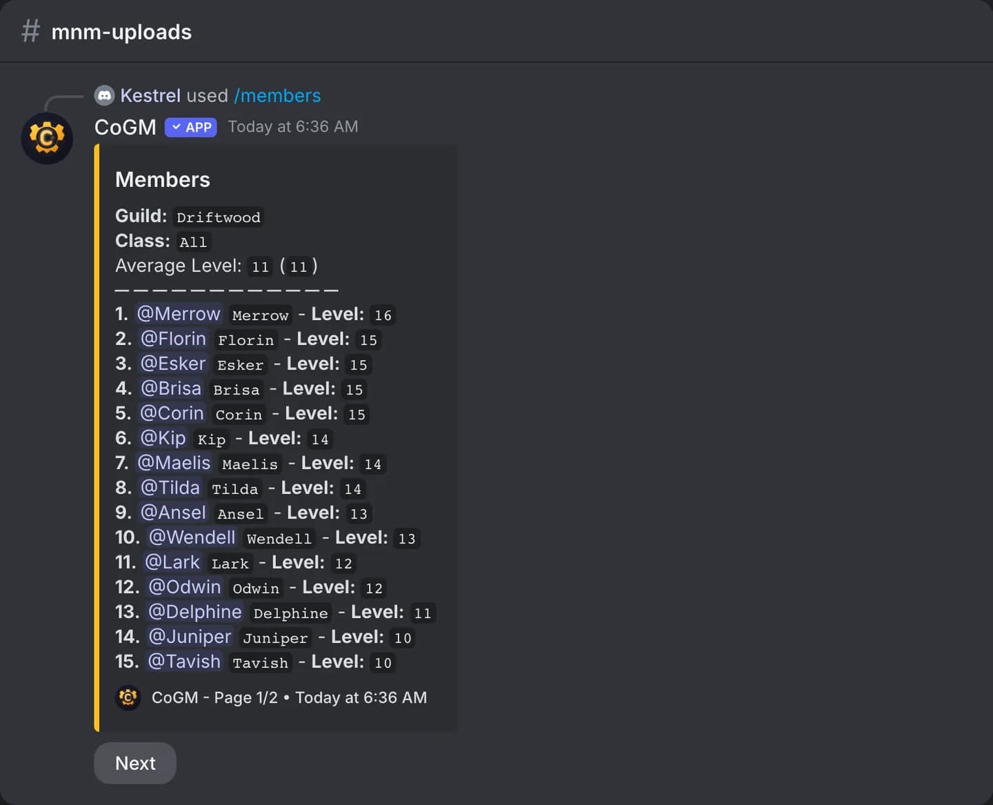 The /members list for a Monsters & Memories guild, ranked by level.