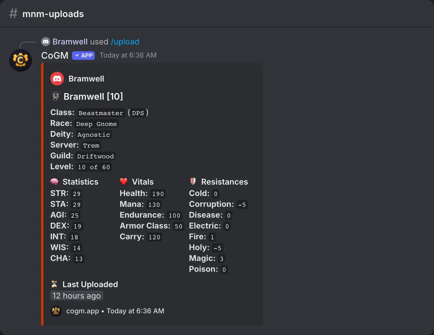 The card the bot posts after a Monsters & Memories character window upload, with the character's race, class, level, health, mana, armor class and stats.