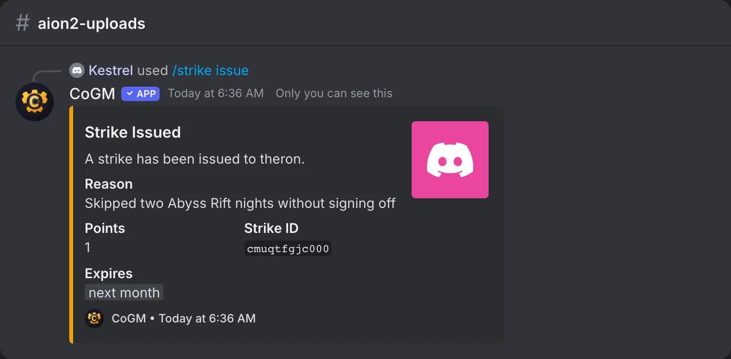 The officer's confirmation after /strike issue: the member, the reason, the points, the severity and when the strike expires.