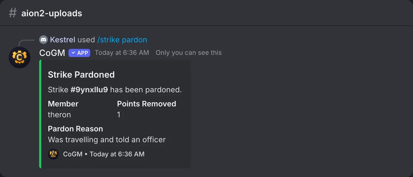 The confirmation after an officer pardons a strike, with the pardon reason.