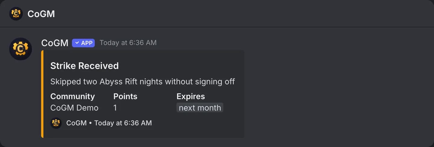 The direct message a member gets when they receive a strike: the reason, the community, the points and the expiry.