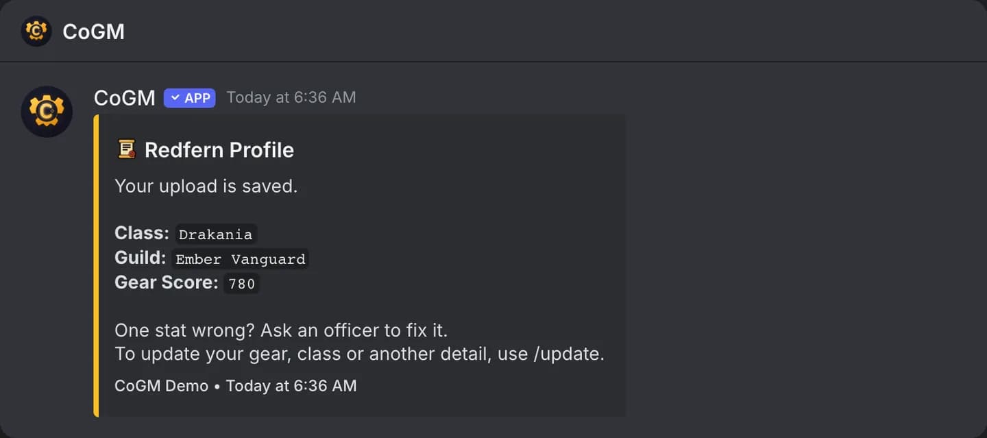A direct message from the bot after a Black Desert Online upload, with the family name, class and gear score that were saved.