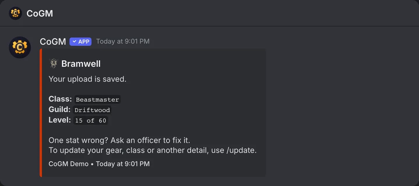 A direct message from the bot after a Monsters & Memories upload, with the character, class and level that were saved.