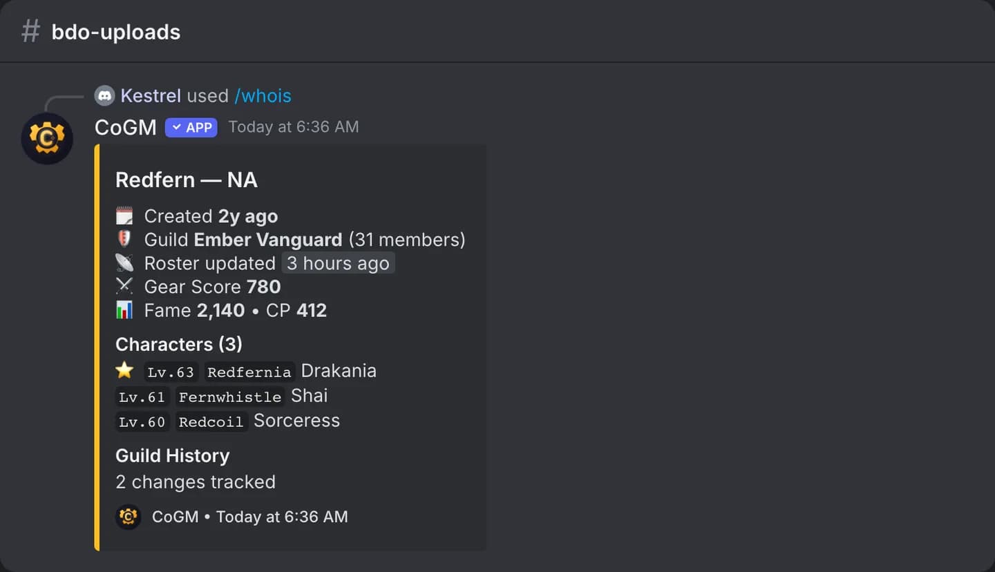 The /whois card for a Black Desert Online family: its characters, current guild, guild history and gear score.