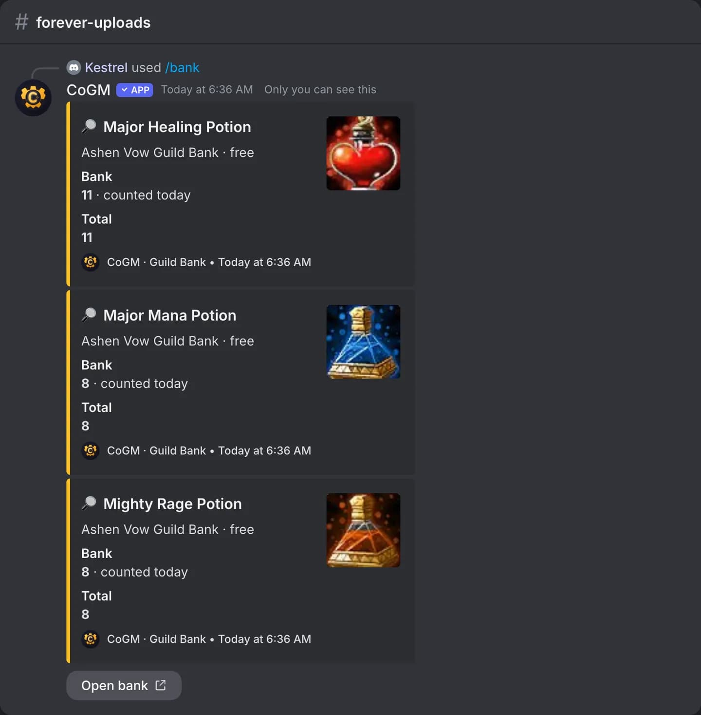 The /bank search reply listing where each matching item sits and how many are free