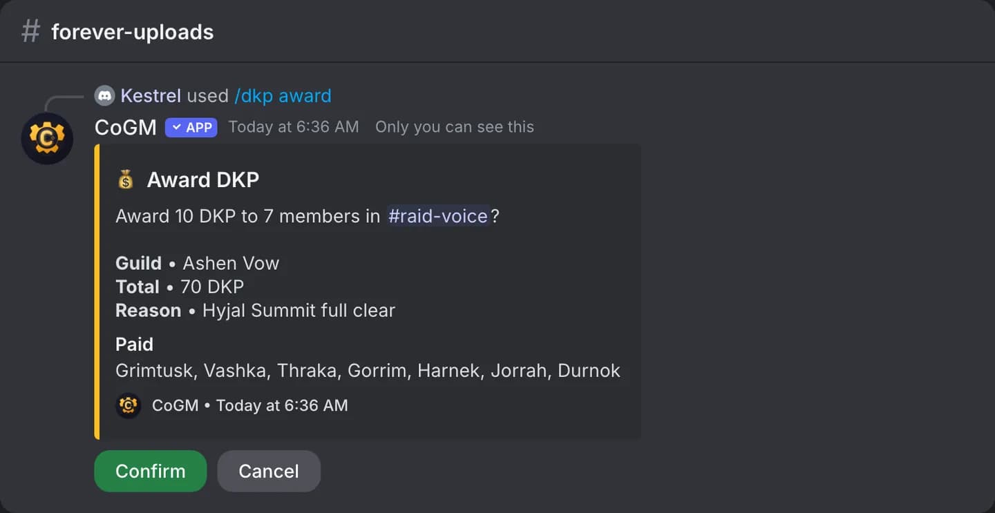 The confirm step of /dkp award: the amount, the reason, who in the voice channel gets paid and who does not, and a Confirm button.